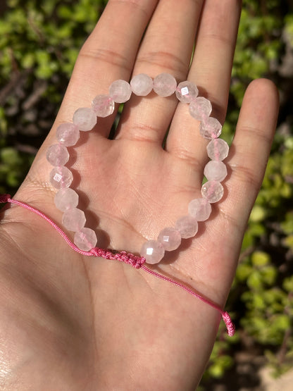 Pulsera Ajustable de Cuarzo Rosa Facetado 8mm
