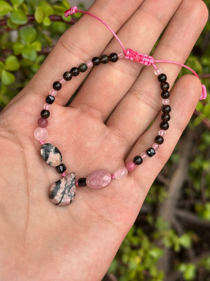 Pulsera Ajustable de Rodonita, Obsidiana Dorada, Cuarzo Rosa y Hematita