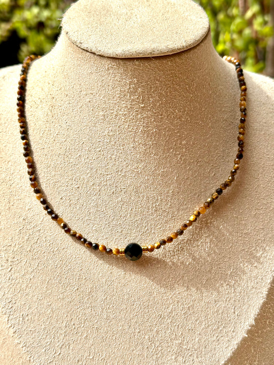 Collar de Ojo de Tigre Mini Facetado con Turmalina Negra | Protección y Poder