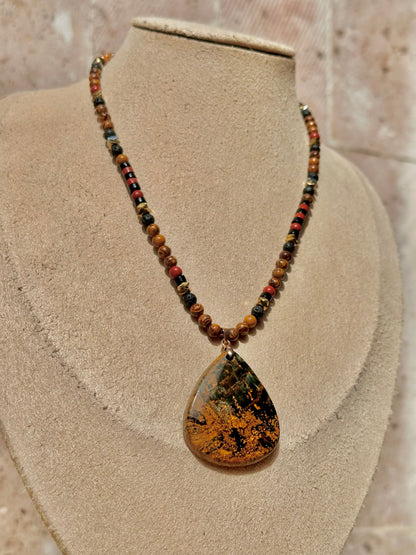 Collar Ajustable de Pietersita, Jaspe Maryam, Jaspe Rojo, Hematita y Piedra Volcánica
