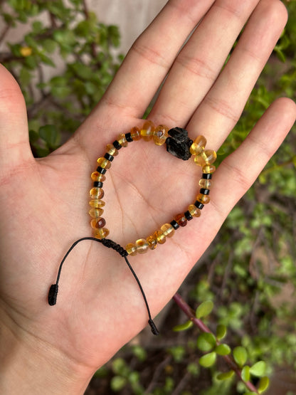 Pulsera Ajustable de Ámbar, Turmalina y Obsidiana