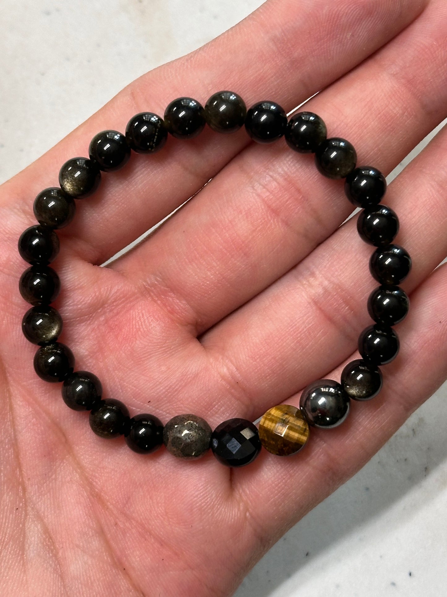 Pulsera de Ojo de Tigre, Obsidiana dorada, Pirita y Ónix (6mm)