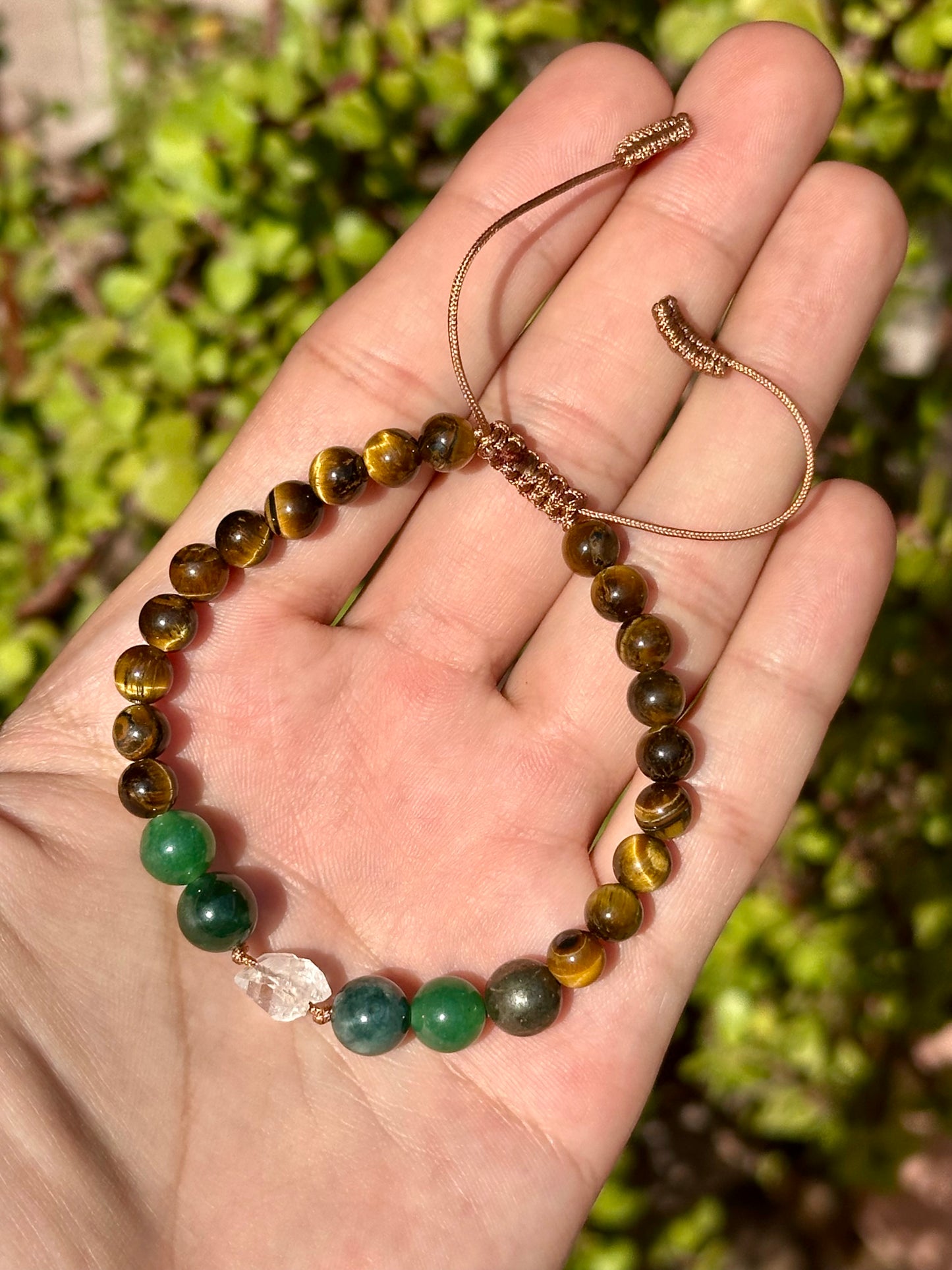 Pulsera Ajustable de Jade de Guatemala, Ojo de Tigre, Venturina Verde & Herkimer