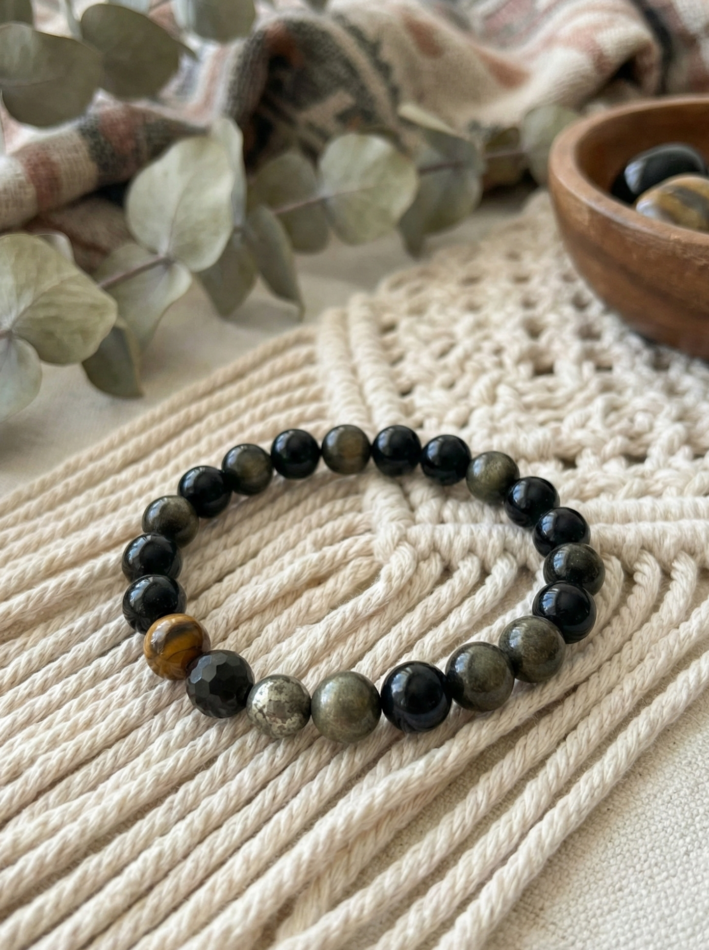 Pulsera de Ojo de Tigre, Obsidiana dorada, Pirita y Ónix