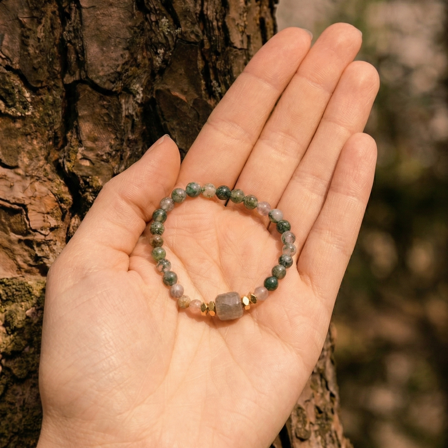 Pulsera ajustable Turmalina rosa, hematita, ágata musgosa y cuarzo rosa