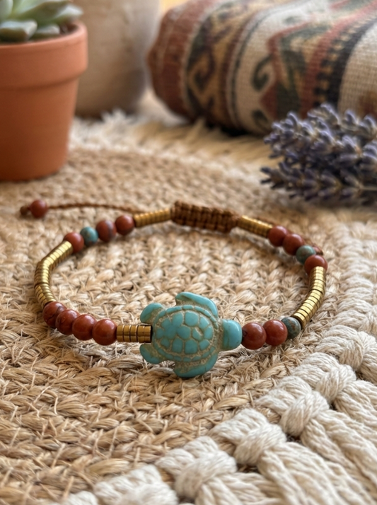 Pulsera Ajustable de Turquesa, Hematita Dorada, jaspe rojo y jaspe imperial