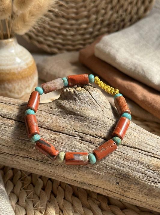 Pulsera ajustable de jaspe rojo y turquesa