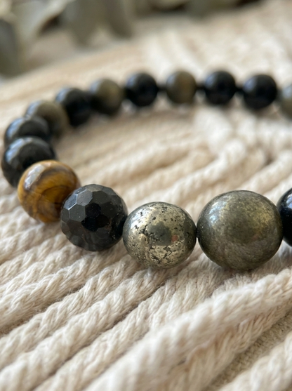 Pulsera de Ojo de Tigre, Obsidiana dorada, Pirita y Ónix