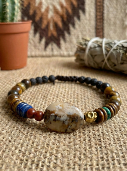 Pulsera ajustable de piedra volcánica, ojo de tigre, hematita, lapislázuli, jaspe rojo y ágata