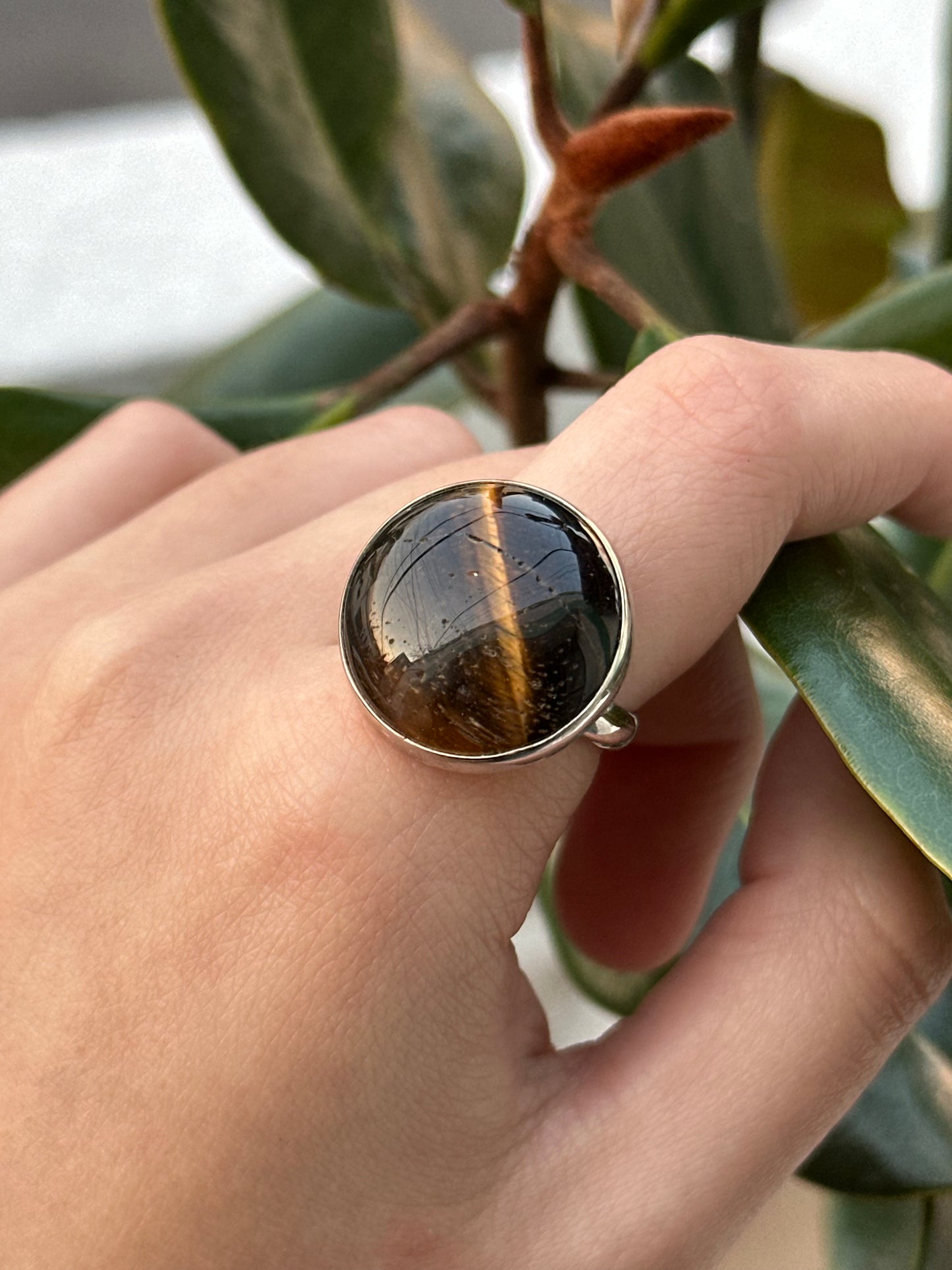 Anillo ajustable de Ojo de Tigre redondo