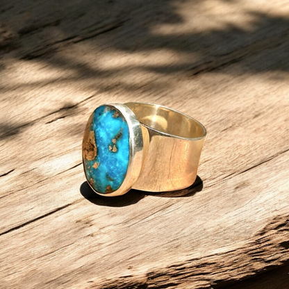 Anillo Ajustable de pirita con turquesa  - Joyería Artesanal Mexicana
