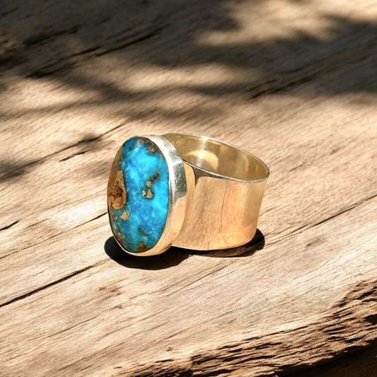 Anillo Ajustable de pirita con turquesa  - Joyería Artesanal Mexicana