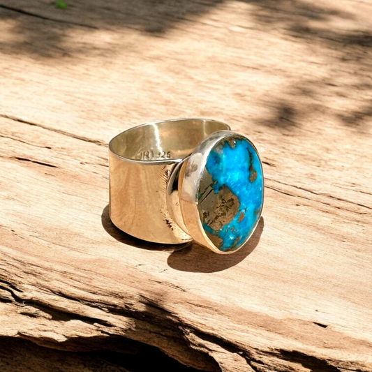 Anillo Ajustable de pirita con turquesa  - Joyería Artesanal Mexicana
