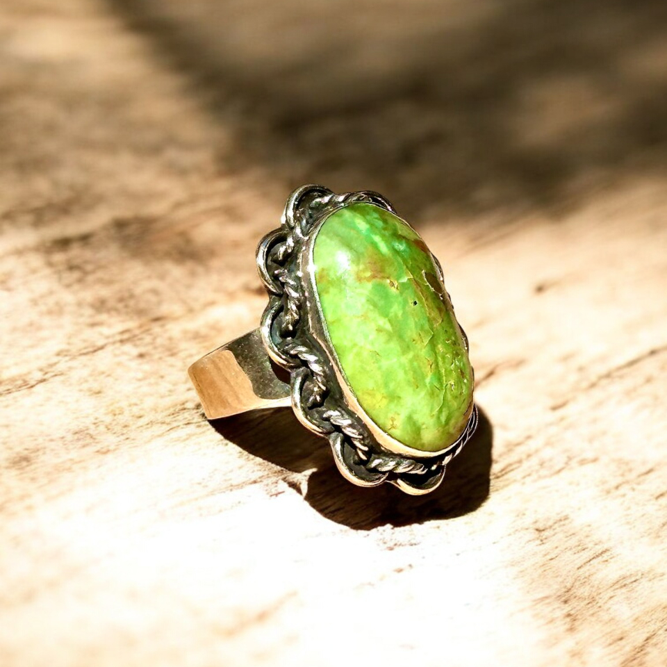 Anillo Ajustable de turquesa verde - Joyería Artesanal Mexicana