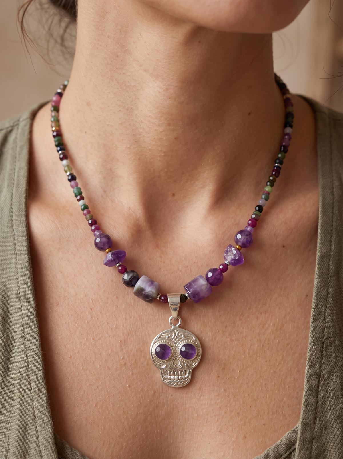 Collar Calavera · Alpaca Platinada, Amatista, Turmalina Sandía & Hematita
