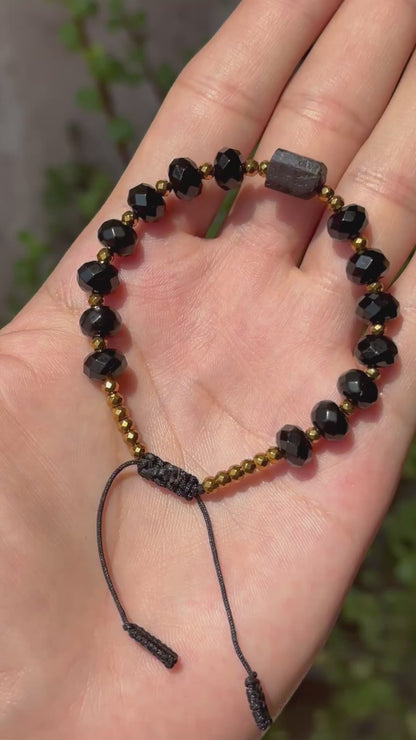 Pulsera Ajustable de Obsidiana Negra facetada, Turmalina y Hematita